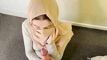 Young Muslim pregnant wife in hijab trained by her husbund on how to please a man.